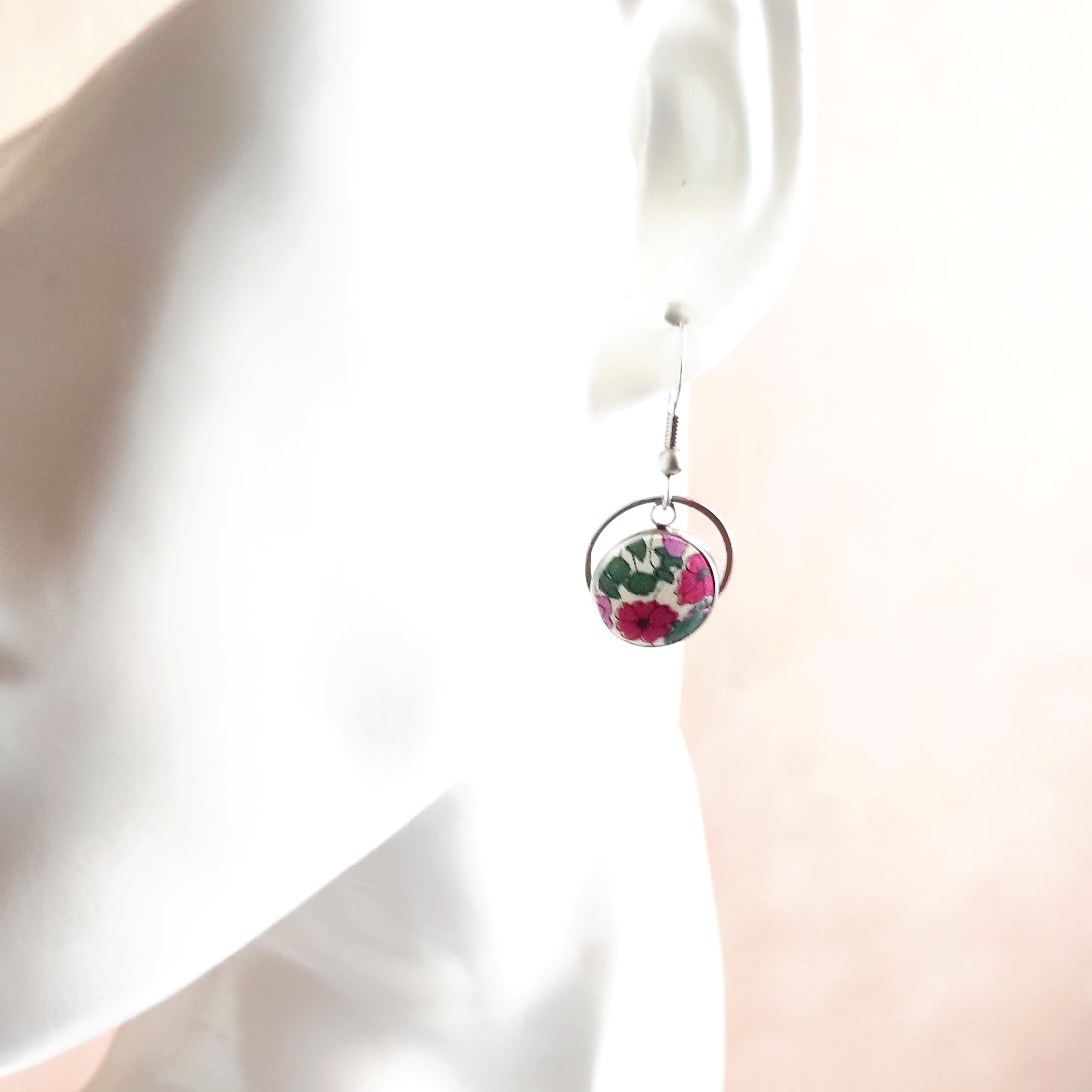 Boucles d'oreille pendantes tissu Liberty et acier - Collection Couleurs fruitées