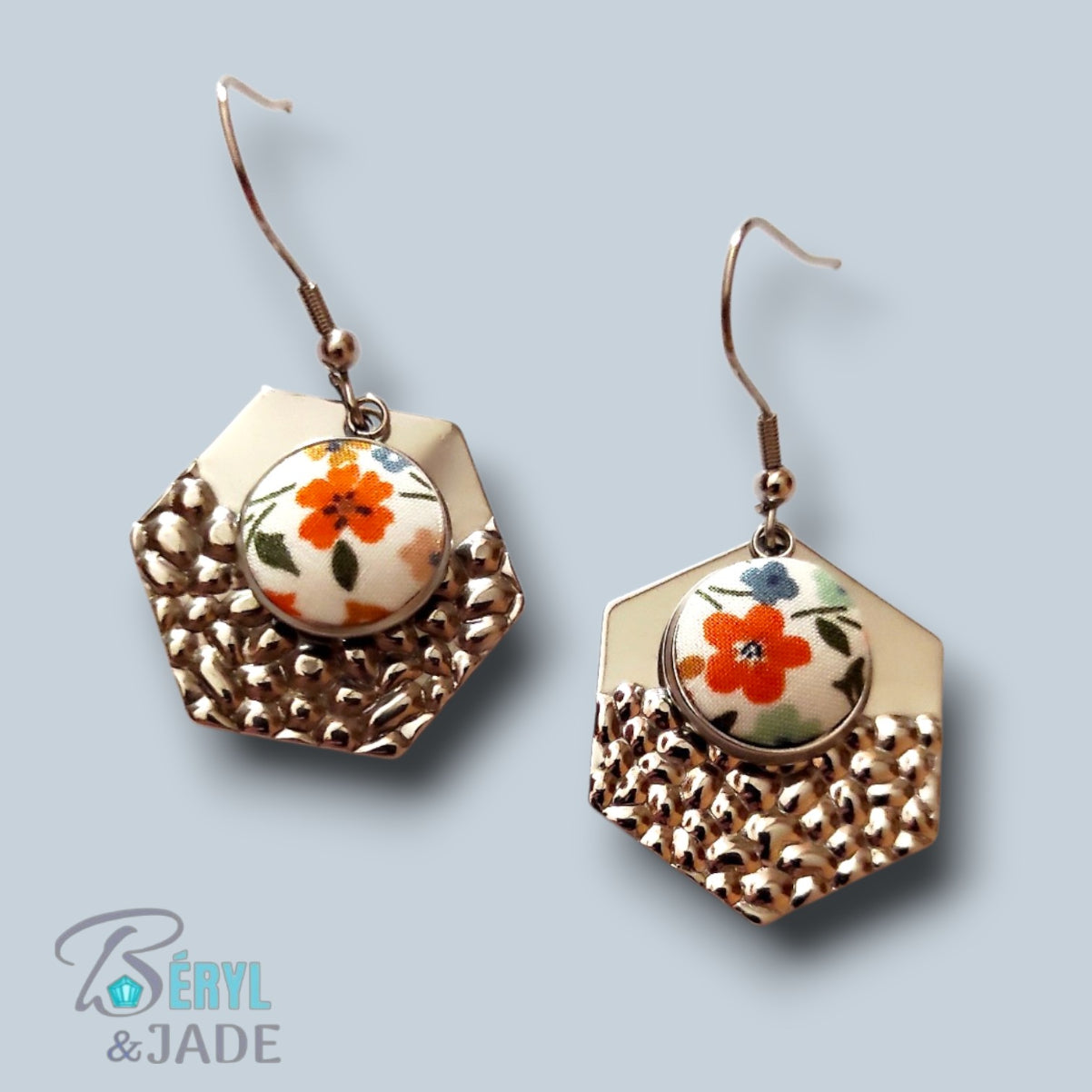 Boucles d'oreille tissu Liberty et acier - Forme octogonale