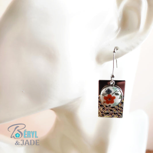 Boucles d'oreille en tissu Liberty et acier - Forme rectangulaire