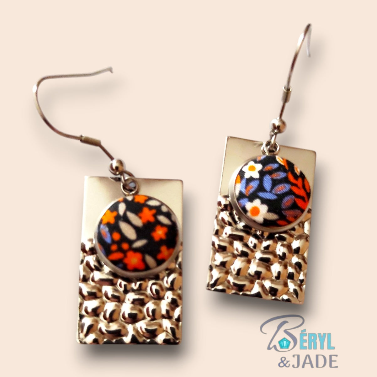 Boucles d'oreille tissu Liberty et acier - Forme rectangulaire