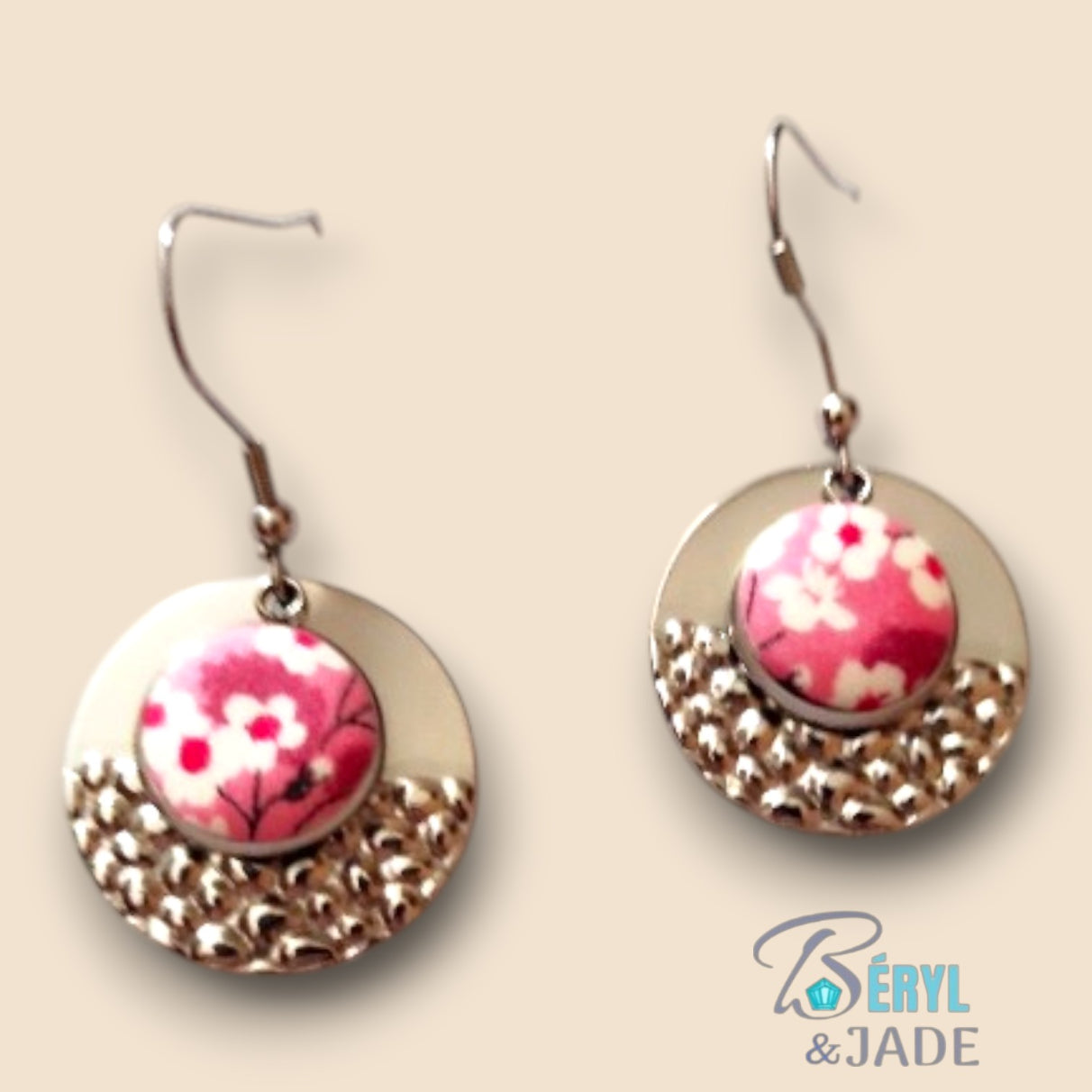 Boucles d'oreille tissu Liberty et acier - Forme ronde