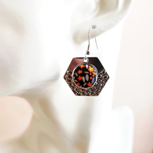 Boucles d'oreille tissu Liberty et acier - Forme octogonale