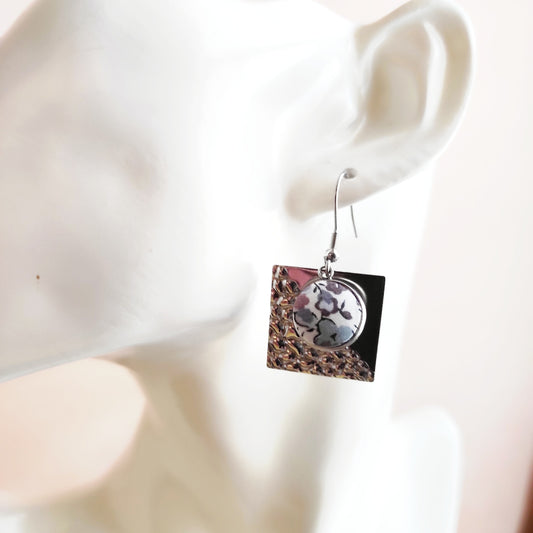 Boucles d'oreille tissu Liberty et acier - Forme carrée